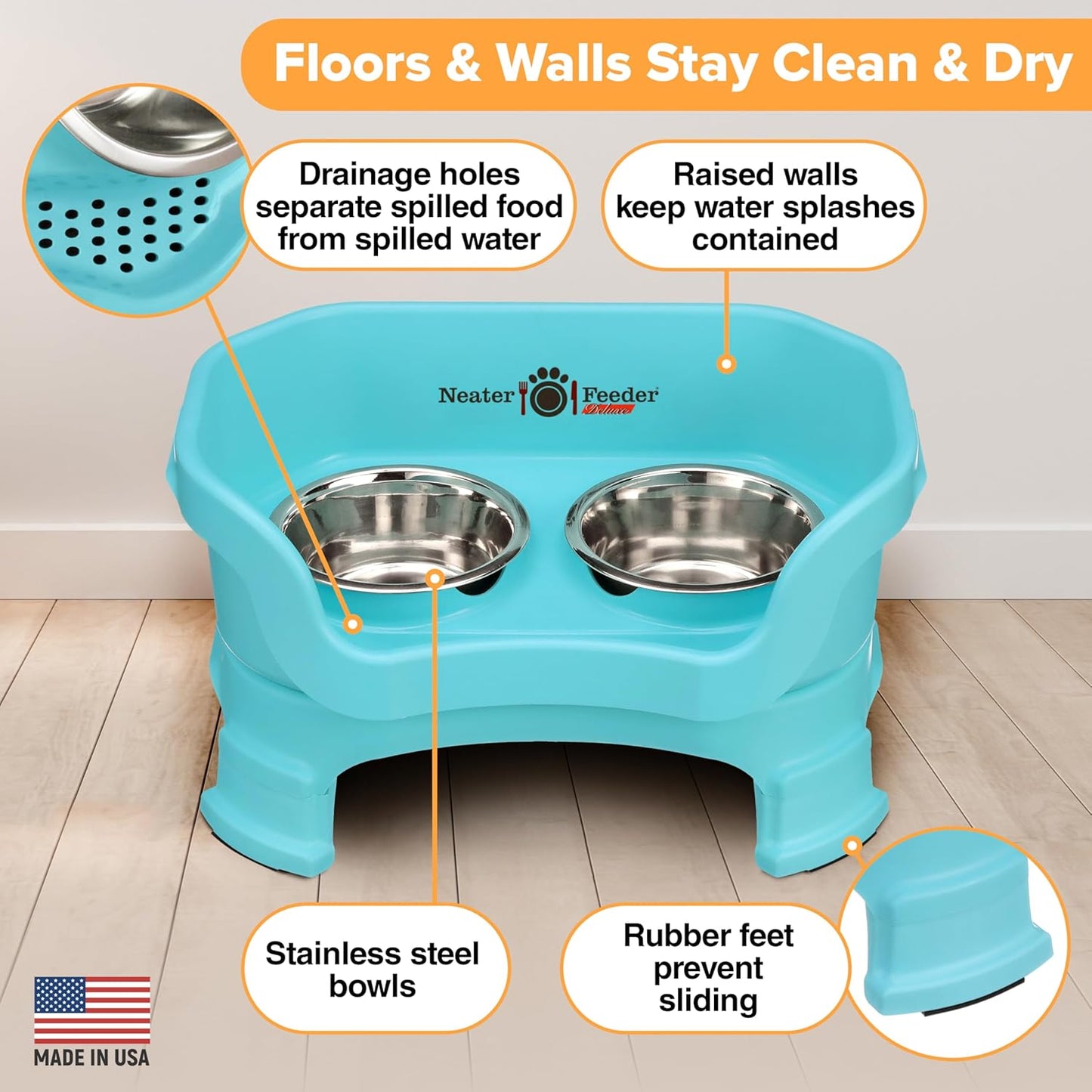 Neater Feeder Deluxe Mess Proof Cat Bowls Elevated for All Breeds – Made in USA – No Spill Raised Cat Bowls for Indoor Cats w/Leg Extensions – Stainless Steel Cat Food and Water Bowl Set - Teal