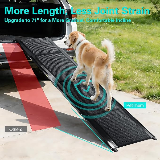 CypherX 71" Dog Ramp for Car SUV, Portable Folding Pet Ramp for Large Dogs | Gentle Incline Dog Car Ramp, Non-Slip Carpet Surface, Quad-Fold Ultra Portable Pet Stairs, Sturdy Aluminum Supports 250lbs