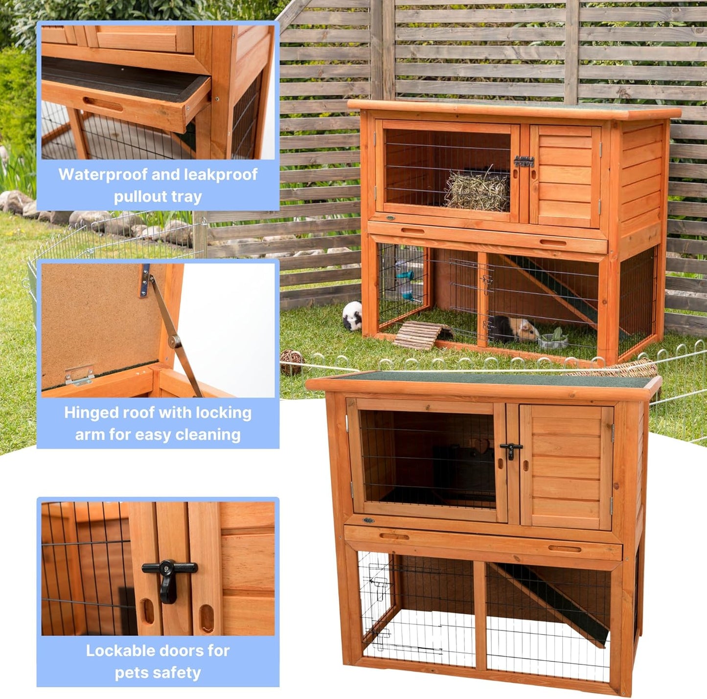 TRIXIE natura Outdoor Rabbit Hutch with Run - 2-Story Rabbit Cage with Non-Slip Ramp - Medium Elevated Small Animal House with Secure Playpen, Hinged Roof & Pull-Out Tray - in Brown