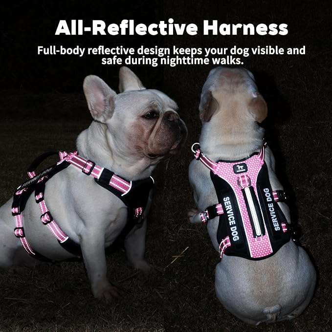 Service Dog Vest Harness, Escape Proof Harness with 6 Patches, No-Pull, Reflective Harness with Handle, Adjustable for Small to Large Dogs, for Training and Hiking (Pink, M)