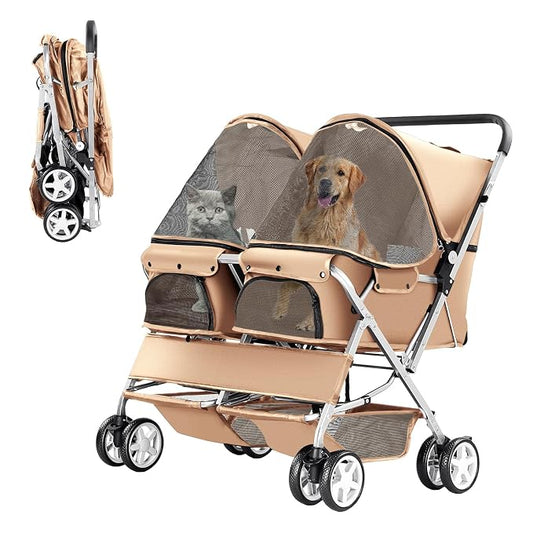 Double Pet Stroller for 2 Dogs & Cats, Side-by-Side, Beige | Foldable Two-Seater with Separate Cabins, 44 lb Capacity, Dual Baskets and Safety Tethers for Walks, Travel and Vet Visits