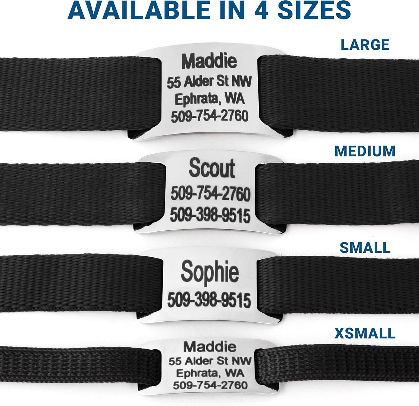 GoTags Personalized Dog Collar with Nameplate, Adjustable Dog Collar with Custom Engraved Slide On Pet ID Tag in Stainless Steel, Silent, No Noise Dog Tag for Large Medium and Small (Black, X-Small)