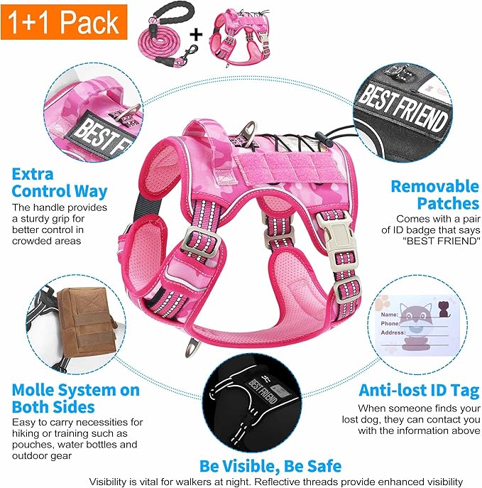 Beebiepet Heavy Duty Tactical Dog Harness for Small Dogs, No Pull Adjustable Pet Harness Reflective Service Training Easy Control Pet Vest Military K9 Working Dog Harnesses- Medium, Pink Camo
