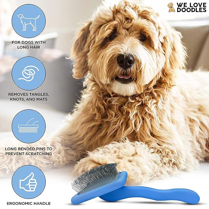We Love Doodles Dog Grooming Comb Set & Large Dog Slicker Brush Bundle - Grooming Comb & Long Pin Brush for Dogs Kit - Removes Tangles & For Dematting - Brush for Shedding - Made in USA