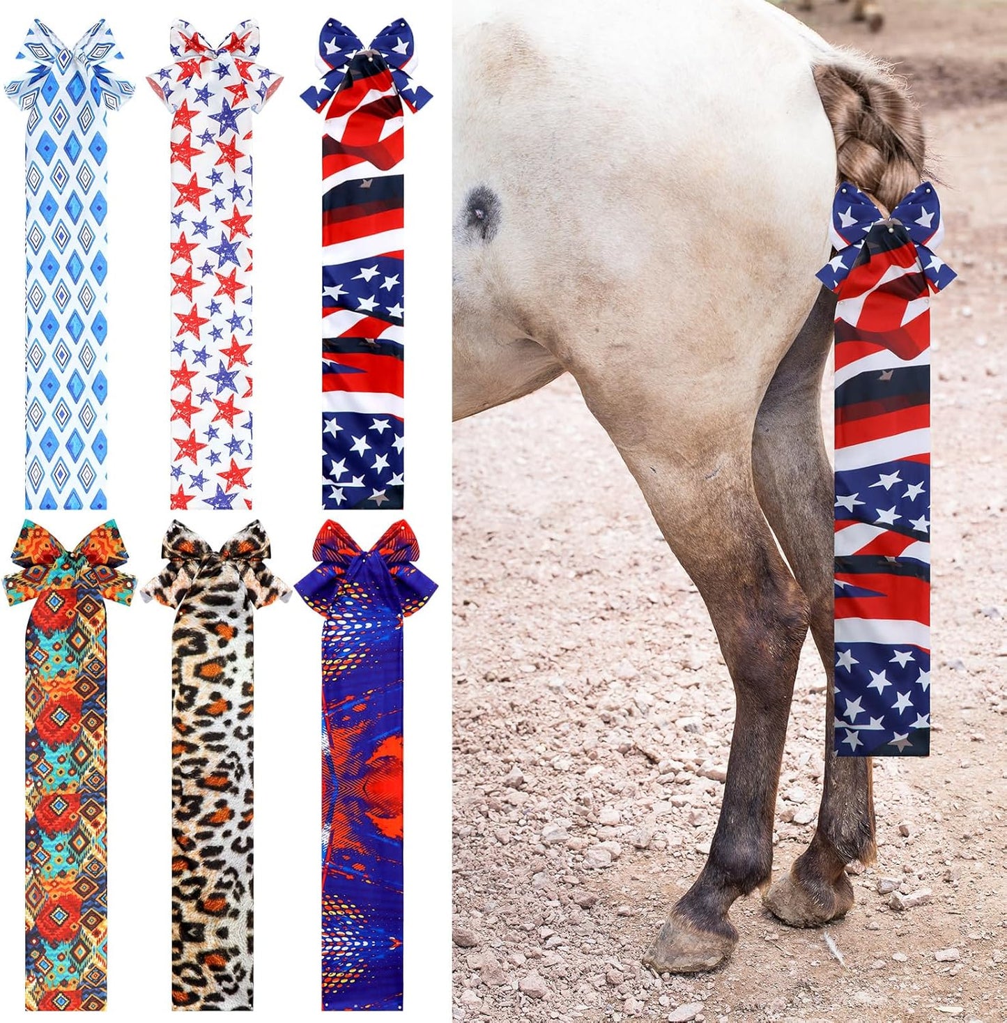 6 Pcs Horse Tail Bag Breathable Guard 22" Slip on Horse Care Tail Wrap 2 Strand Closure Straps Grooming Supplies to Keep from Dirt Breakage Rubbing 6 Designs(Aesthetic Style)