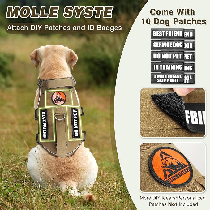 Tactical Dog Harness and Leash Set with Metal Buckles+10 Patches | Heavy Duty Service Dog Vest ,Adjustable Harness for Large Sized Dogs,No Pull Front Back Clips,for Training Hiking,Brown L
