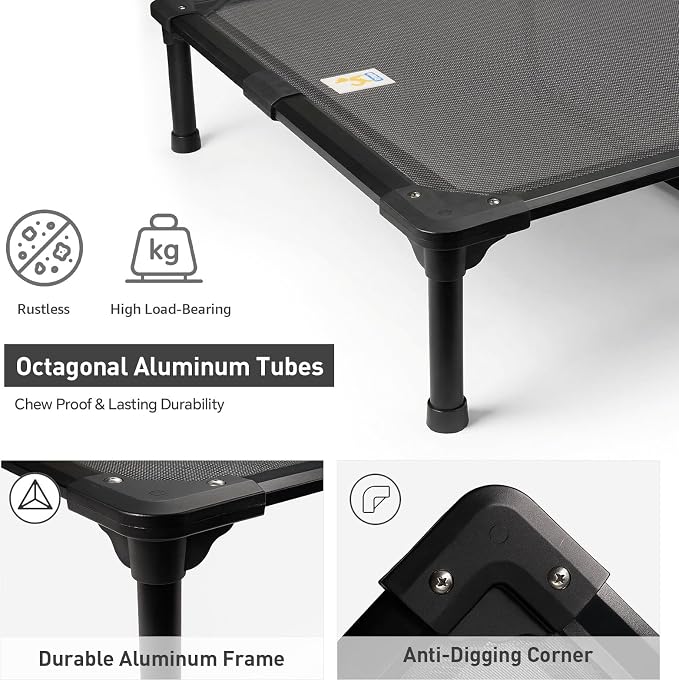 42'' Indestructible Outdoor Elevated Dog Bed for Large Dogs, Chew-Proof Pet Camping Raised Cot with Breathable Mesh - Durable Frame, Cooling Hammock Bed, Non-Slip Feet, Waterproof, Easy Clean