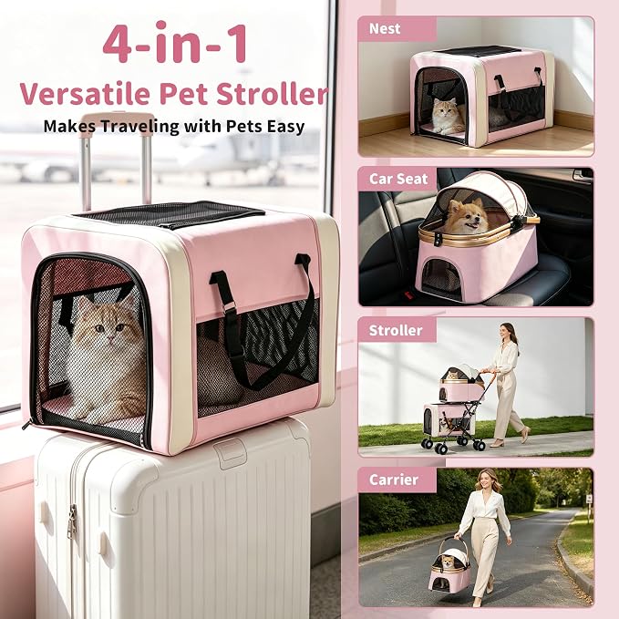 Double Pet Stroller for Dogs and Cats: Dog Stroller Foldable Travel Carriage with Detachable Carriers, Safety Belts, and 4 Lockable Wheels for Small to Medium Pets – Ideal for Multi-Pet Homes (Pink)