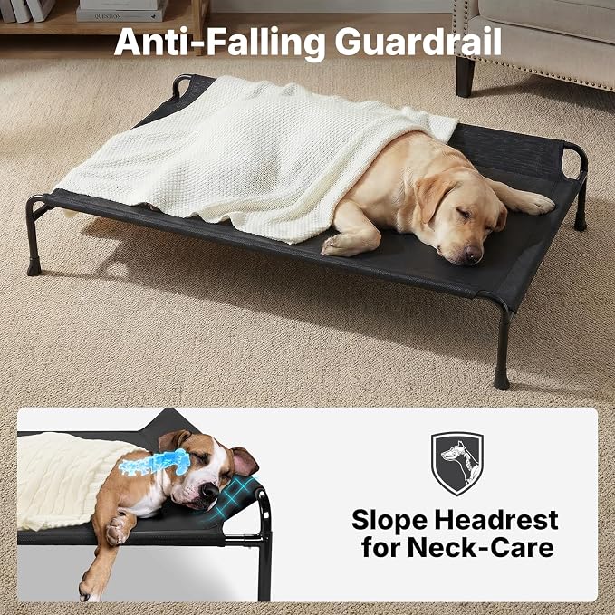 Veehoo Outdoor Dog Bed, Raised Dog Beds for Large Dogs, Elevated Dog Bed with Headrest, Washable Cooling Pet Cot with Non-Skid Feet, Breathable Pet Hammock for Indoor or Camping, 41", Black