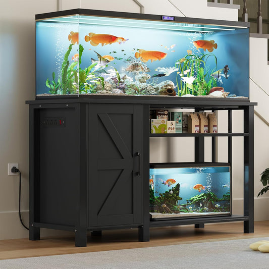 55-75 Gallon Fish Tank Stand with Power Outlet & Adjustable Shelf, Heavy Duty Aquarium Stand with Cabinet Storage for Fish Tank, Turtle Tank, Reptile Terrarium, 1000LBS Capacity, Black
