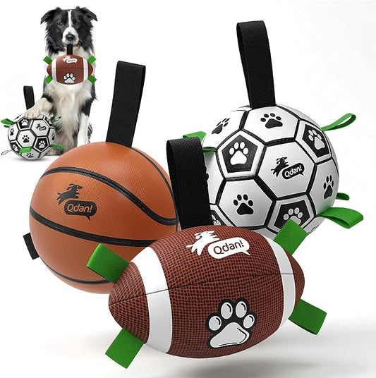QDAN Dog Soccer Ball Football Basketball Set - 3 PCS Dog Balls with Strap for Tug of War, Soccer Ball Football Toys for Small Medium Large Dogs, Herding Ball for Dogs, Dog Birthday Toy