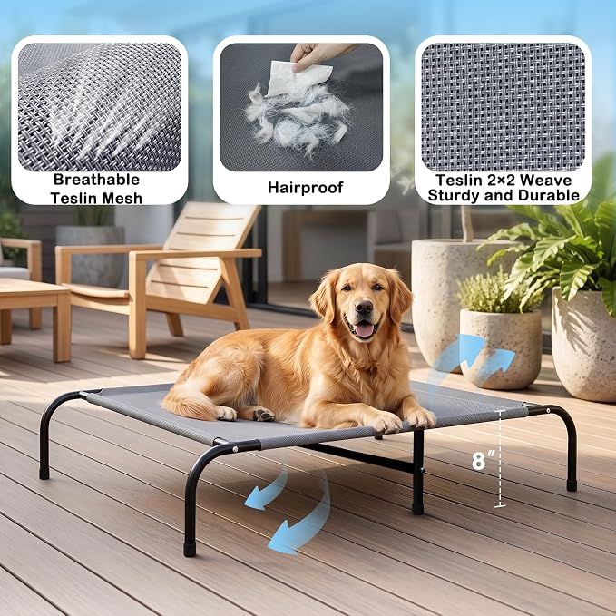 SZEE Elevated Dog Bed, Cooling Dog Cot Bed, Support Up to 100 LBS for Large Breeds, with Durable Steel Frame, Reversible Ice Silk Mat & Sturdy Teslin Mesh, Outdoor & Indoor All-Season Use - L