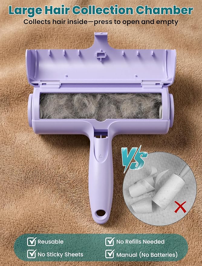 DELOMO Pet Hair Remover Roller: Reusable Lint Roller with Large Fur Bin - Portable Cat and Dog Hair Remover for Couch, Bedding, Car, Rugs & Furniture, Effective and Eco-Friendly, for Multi-Pet Homes