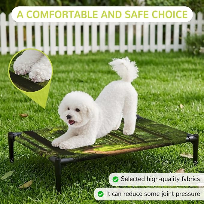 Outdoor Elevated Dog Bed for Large Dogs, Green Forest Breathable Cooling Raised Dog Cot for Indoor/Outdoor, Retro Rustic Natural Scenery Trees Waterproof Elevated Pet Beds, L 28 x 22 in