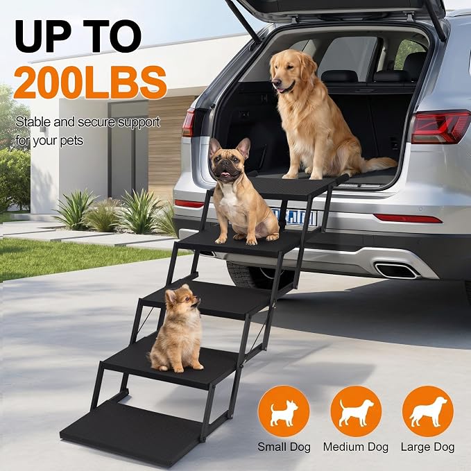 Dog Steps for Car, Truck, SUV, Dog Ramps for Cars with High Traction Surface, Portable Waterproof Dog Stairs for Large Dogs, Supports Up to 200 lbs, 5 Steps