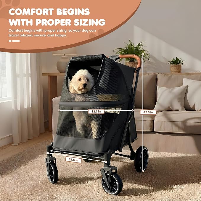 Premium Dog Stroller for Large Dogs, Pet Stroller with 5-Point Safety Harness, Foldable Dog Wagon, All-Terrain Wheels, Storage Basket & Cup Holder, Ideal for Senior & Recovering Pets, (Black & Grey)