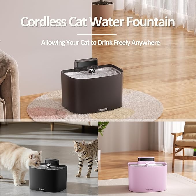 PET LAYSON Pumpless Cat Water Fountain,Cordless Fountains Battery Operated, 3.6L/122oz with Maglev Valve Technology Rechargeable Water Dispenser for Cat&Dog, 8 Filters,2 Nozzles(Pink01,M1-8 Filter)