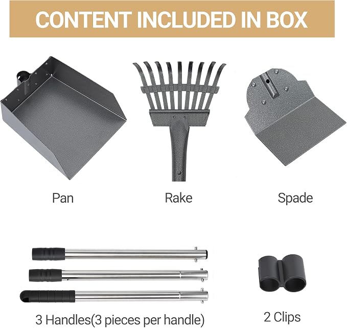 Dog Pooper Scooper, Dog Poop Tray and Rake Set with Long Stainless Handles | Pet Waste Removal Scoop with Adjustable Sectional Handles