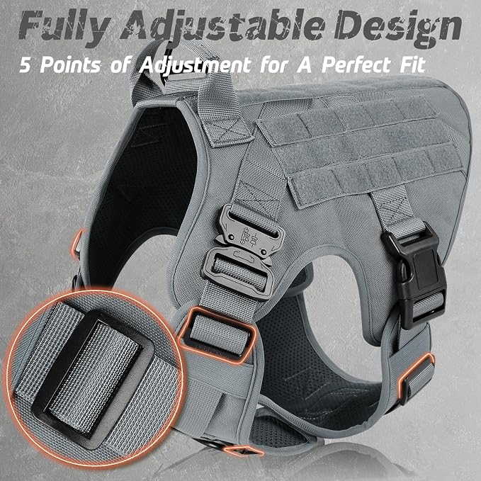 rabbitgoo Tactical Dog Harness for Large, Heavy Duty Military No Pull Vest | Sturdy Metal Buckles, 5 Adjustments, Molle System, Powerful Pullers for Training, Hunting, Outdoor, Grey, Large