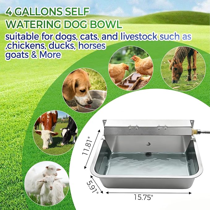 Automatic Dog Water Dispenser with Drain Hole, 304 Stainless Steel Auto Water Dog Bowl with Float Valve, Hose Quick Connect Fitting, Automatic Livestock Waterer for Horse, Chicken (4 Gallons)