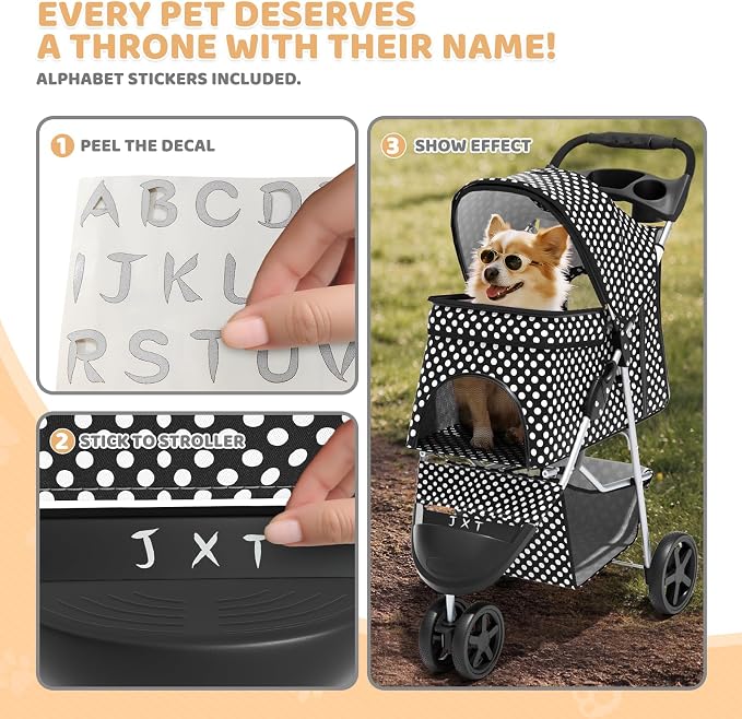 Magshion 3-Wheel Pet Stroller, Foldable Travel Jogger for Small & Medium Dogs & Cats (Up to 33lbs), Lightweight Carrier with Breathable Mesh Cover, Cup Holder & Storage Basket, Black Polka Dots
