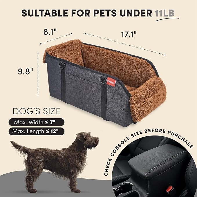 BurgeonNest Center Console Dog Car Seat for Small Pets to 11lbs, Brown | Anti-collapse armrest Console seat with washable fluffy cushion, pillow & tether for stable, cozy pet travel trips.