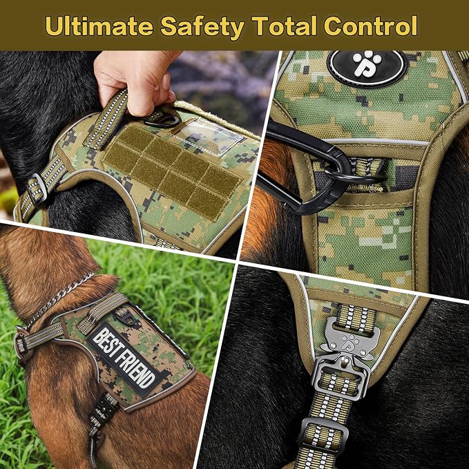 PawsPassion No Pull Dog Harness for Medium Large Dog, Heavy Duty Tactical Adjustable Pet Harness, Voyager Service Vest Harness with Easy Control Handle Reflective Strip (Forest Recon, L)