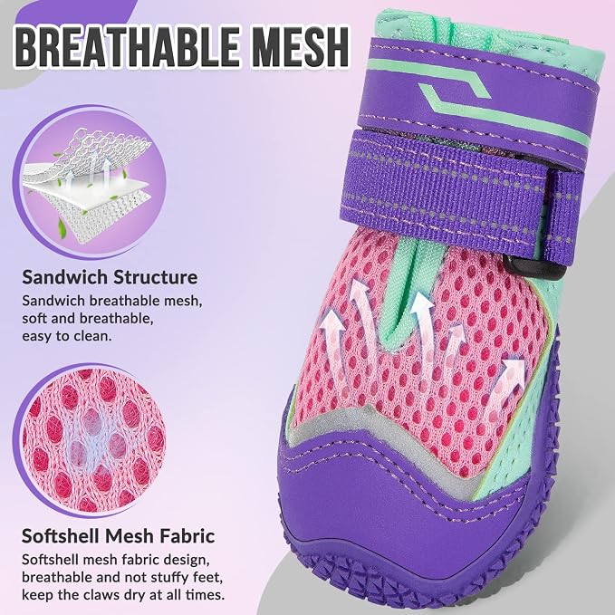 SlowTon Dog Shoes for Large Small Medium Dogs - Breathable Dog Boots for Summer Hot Pavement, Paw Protector for Outdoor Walking Winter Snow, Anti-Slip Rubber Dog Booties for Hard Floor (Purple PI, 3)