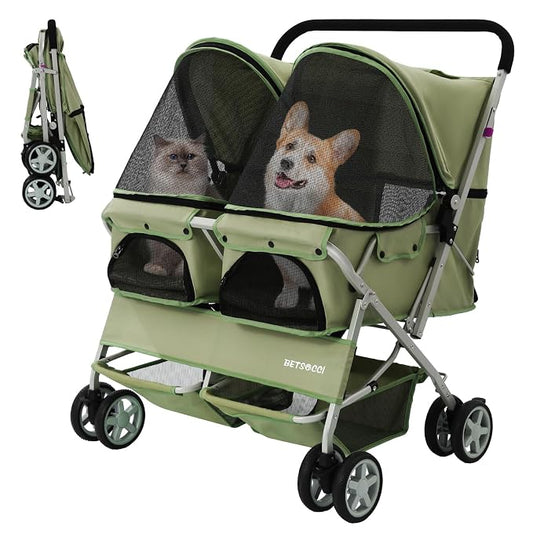 Double Pet Stroller for 2 Small Dogs & Cats, Side-by-Side Twin Travel Carriage with Safety Leashes, Mesh Windows & Double Storage Baskets, Lightweight & Foldable, 44lbs Capacity, Green