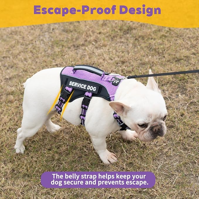 Service Dog Vest Harness, Escape Proof Harness with 6 Patches, No-Pull, Reflective Harness with Handle, Adjustable for Small to Large Dogs, for Training and Hiking (Lavender Purple, XS)