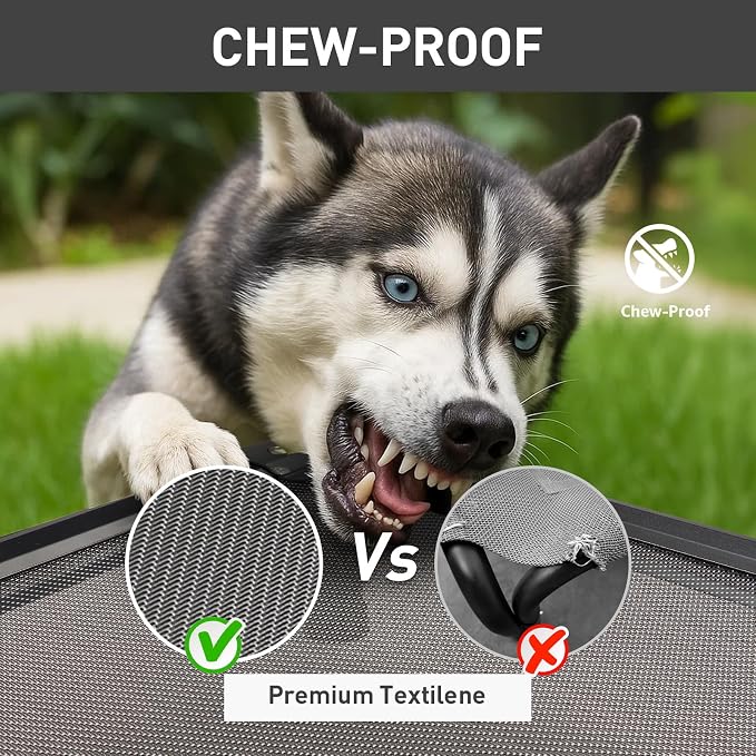42'' Indestructible Outdoor Elevated Dog Bed for Large Dogs, Chew-Proof Pet Camping Raised Cot with Breathable Mesh - Durable Frame, Cooling Hammock Bed, Non-Slip Feet, Waterproof, Easy Clean