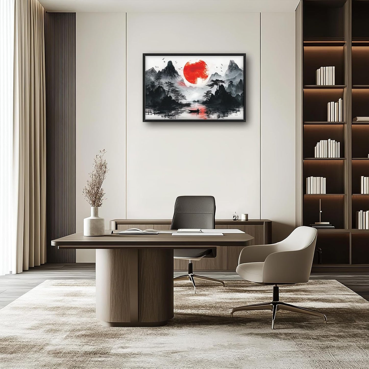 Framed Large Japanese Mountain Wall Art for Living Room, Oversized Asian Red Sun Lake Landscape Wall Decor Nature Canvas Painting Home Decoration for Living Room Bedroom Office 36"x24"