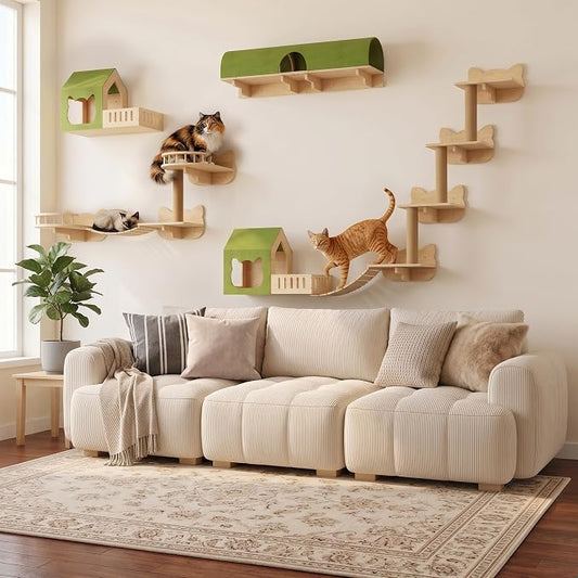 16-in-1 Cat Wall Shelves, Solid Pine Wood Cat Climbing System with Tunnel, Perch, Bridge, Condo and Sisal Scratching Post, Indoor Wall-Mounted Furniture for Cats