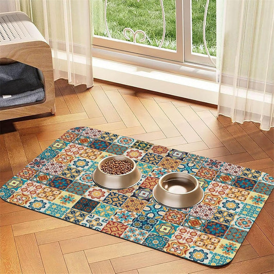 Traditional Multicolor Ornate Dog Food Mat Absorbent Bowl Mats No Stains Quick Dry Waterproof Pet Cat Placemats for Food and Water, 30x45cm