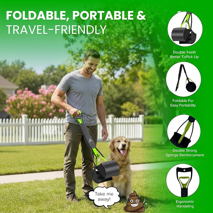 SHAZORY Pooper Scooper for Dogs & Cats – Long Handle, Heavy-Duty Design with Bag Dispenser, Poop Scooper for Large Dogs, Dog Poop Scoop for Yard, Portable for Pet Parents & Dog Walkers (28")