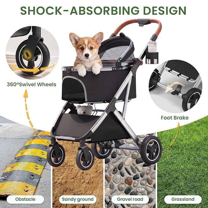 Dog Strollers for Small Medium Dogs Cats 44 lbs,3-in-1 Detachable Pet Carrier Stroller,4 Wheels One-Hand Fold Travel Carriage with Storage Basket,Pet Pad,Cup Holder(Black)