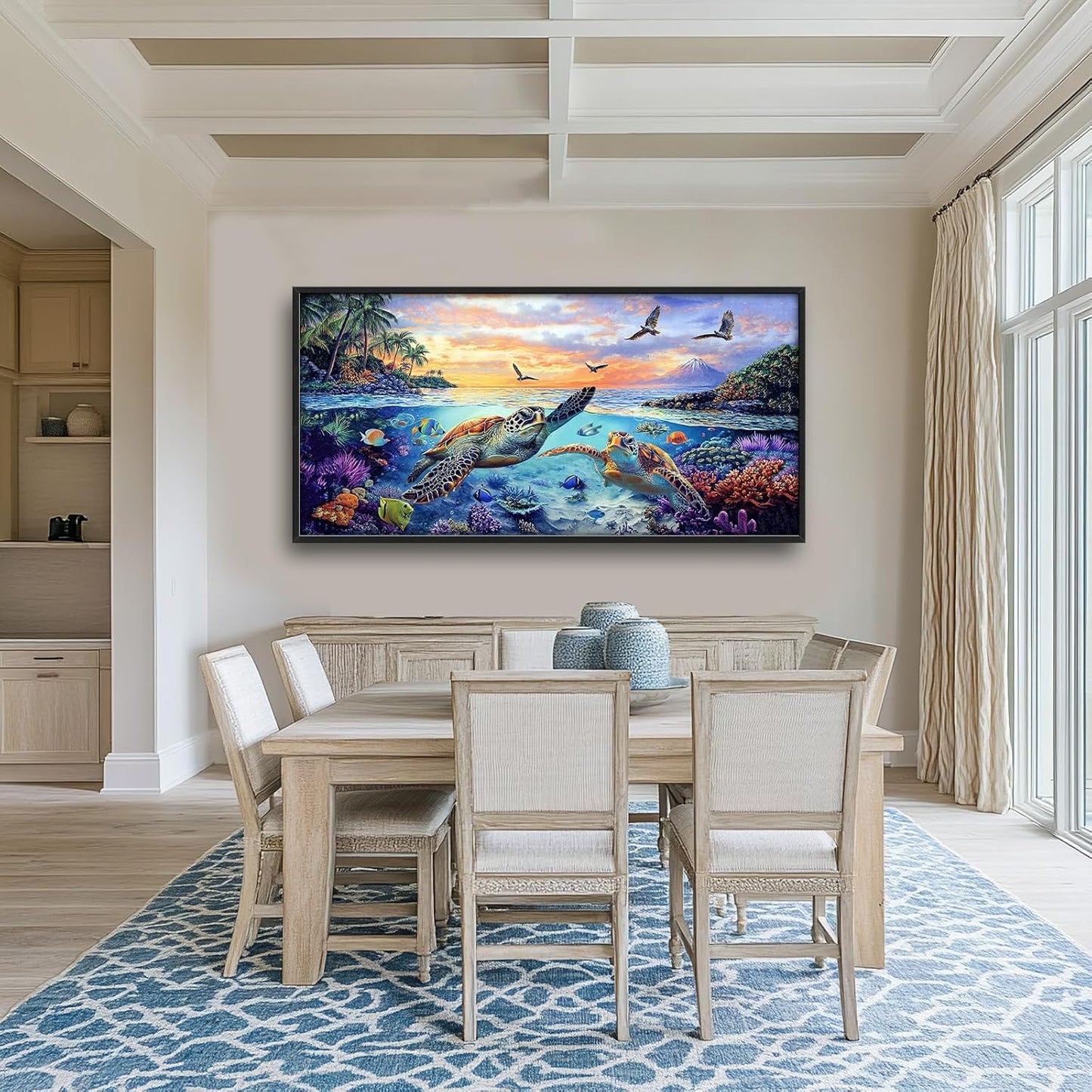 Framed Large Sea Turtle Wall Art for Living Room, Oversized Ocean Turtle Wall Decor Seascape Underwater Marine Life Canvas Painting Home Decoration for Living Room Bedroom Office 60"x30"