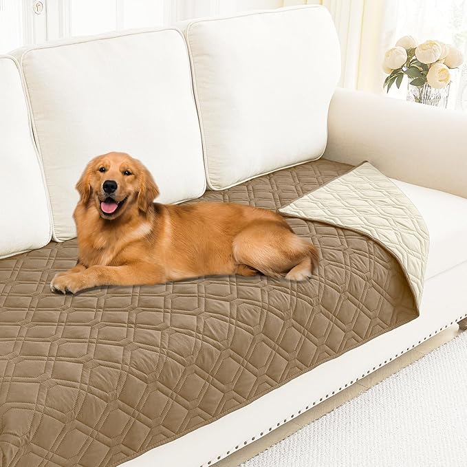 Smiry Reversible Waterproof Couch Covers for Sofa, Washable Dogs Pet Couch Covers for 3 Cushion Sofa Pet Friendly, Water Resistant Furniture Protector Slipcover, Geometric (30"x70", Camel/Beige)