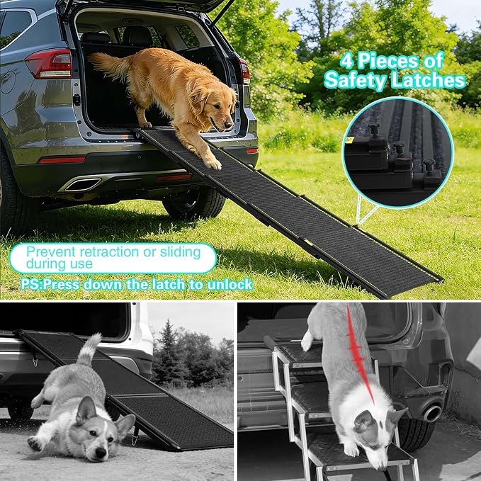 CypherX 71" Dog Ramp for Car SUV, Portable Folding Pet Ramp for Large Dogs | Gentle Incline Dog Car Ramp, Non-Slip Carpet Surface, Telescoping Anti-Pinch Pet Stairs, Sturdy Aluminum Supports 250lbs