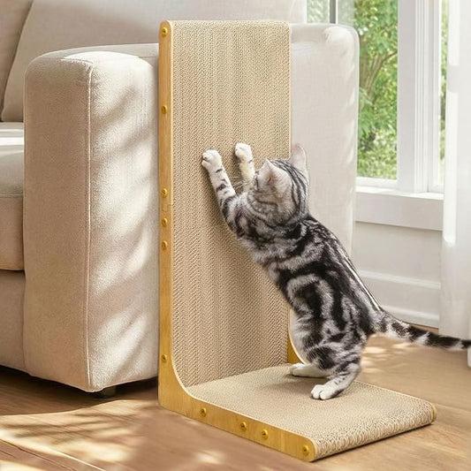 Conlun Cardboard Cat Scratcher, 26" L-Shaped Scratch Pad, Vertical Wall-Leaning Scratching Board to Protect Furniture for Indoor Cats,Wood Grain Jumbo