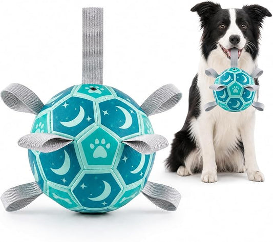 Dog Toys Balls, Dog Soccer Ball with Straps, Dog Birthday Gifts, Durable Balls for Small Medium Pet, Puppy Outdoor Toy, Pet Training Soccer Ball, World Cup Soccer (6 Inch) (Blue, Medium)