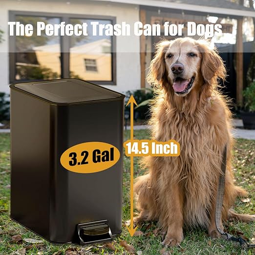 Metal Dog Pooper Scooper for Yard - Dog Poop Trash Can Outside with Pedal | 3.2 Gal Pet Waste Container Outdoor - Stainless Steel Garbage Bucket with Lid - Trash Bin, Long Handle Tray and Rake - Black