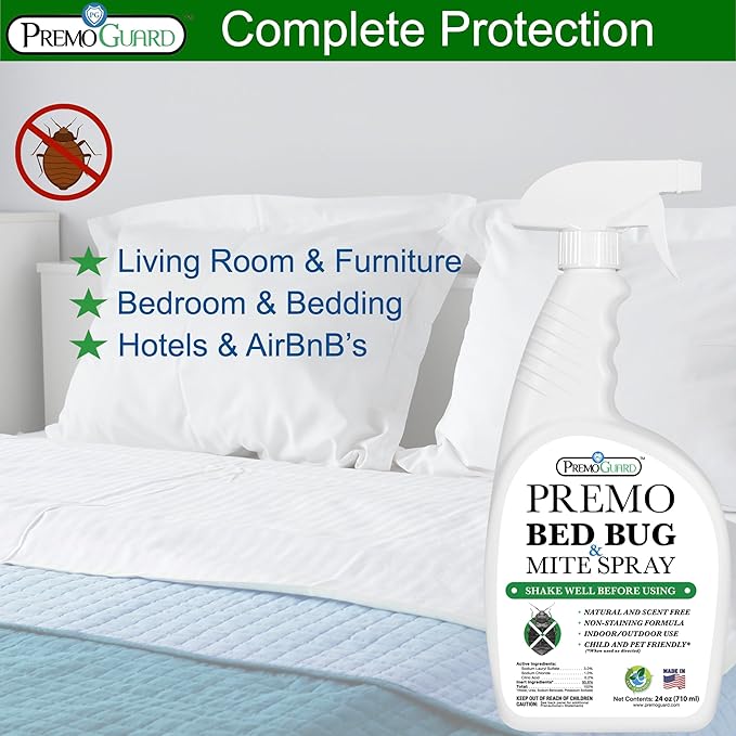 Premo Guard Bed Bug & Mite Killer Spray - 100% Kill Rate Formula, 24 oz | University Tested, Safe for Bedding, Furniture, Fabrics, and Clothing, Non Toxic, Stain & Scent Free, Child & Pet Safe