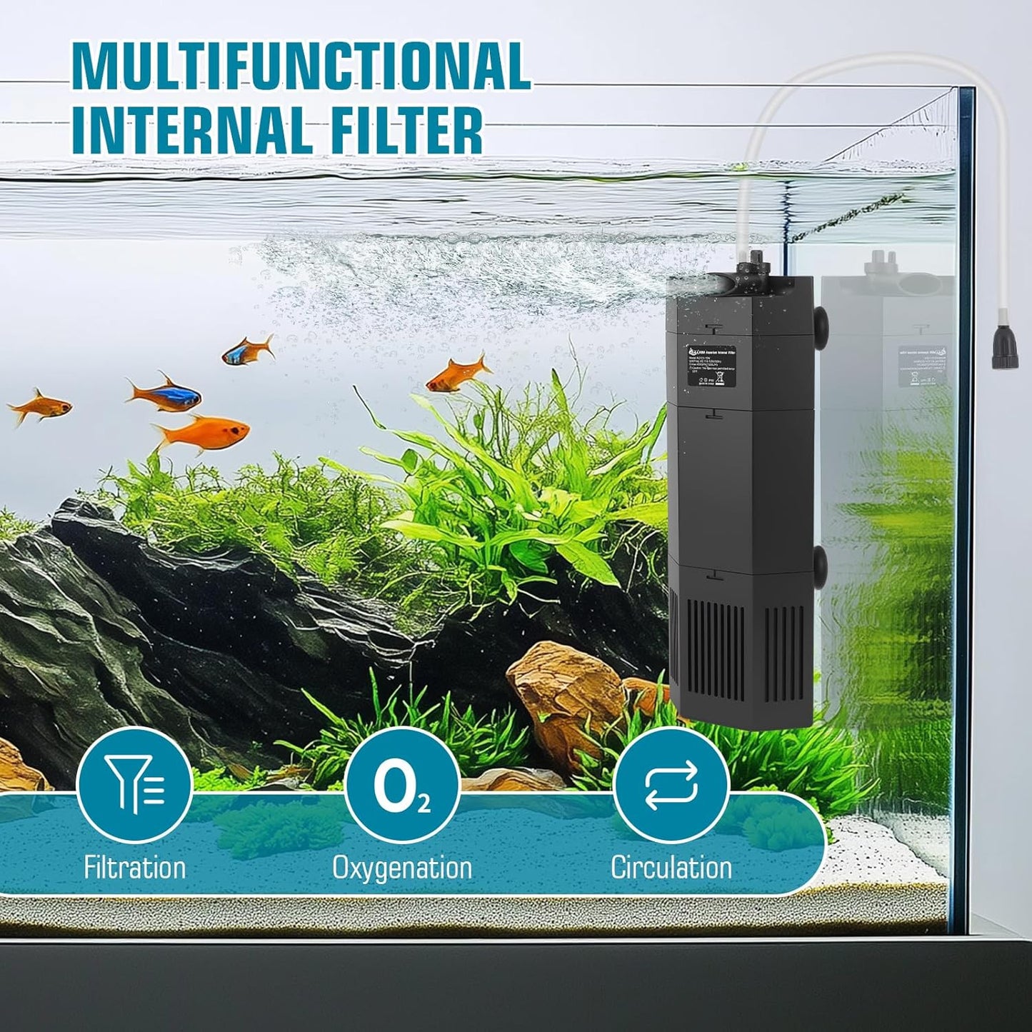 AQQA Aquarium Filter for 80-150Gal Fish Tank Submersible Internal Filters Multifunctional for Filtration, Circulation and Oxygenation Ultra Quiet for Freshwater & Saltwater Crystal Clear (15W,400GPH)