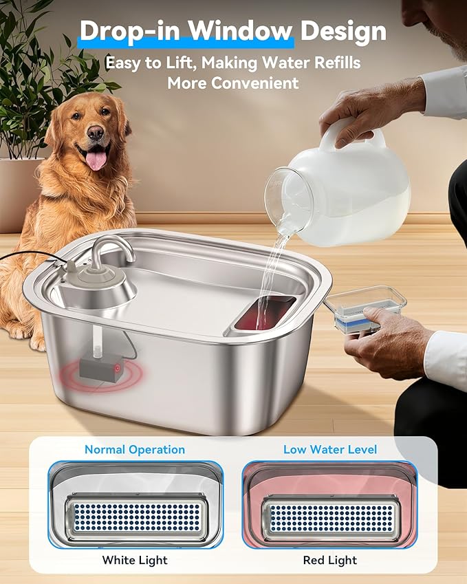 3Gal/11L Dog Water Fountain, Stainless Steel Large Automatic Pet Water Dispenser, Ultra-Quiet Leak-Proof Drinking Bowl for Big Dogs & Multiple Pets