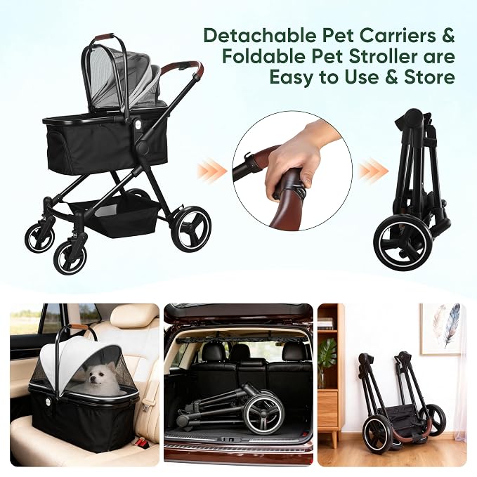 3-in-1 Foldable Pet Stroller for Dogs & Cats, 33lbs | All-terrain 7"/10" wheels | Compact storage | Storage basket | Breathable linen | Cup holder & rear brakes