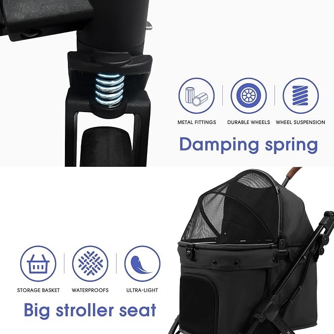 Pet Stroller for Small Medium Dogs Cats, Dog Stroller 4-Wheel Pet Strollers for Medium Dogs Up to 45lbs, Storage Basket, Sun Shades & Waterproof Fabric, Black