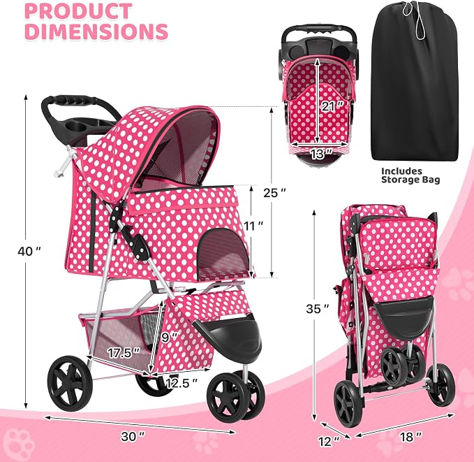 Magshion 3-Wheel Pet Stroller, Foldable Travel Jogger for Small & Medium Dogs & Cats (Up to 33lbs), Lightweight Carrier with Breathable Mesh Cover, Cup Holder & Storage Basket, Hot Pink Polka Dots