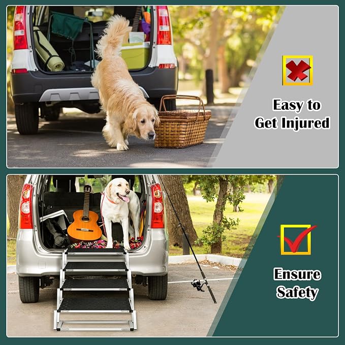 Joyrally 4-Step Dog Stairs for Car, Large Dogs, High-Traction Mat | 20 in extra-wide aluminum frame, 200 lb capacity and foldable design for SUV and truck trunks, for senior and injured dogs