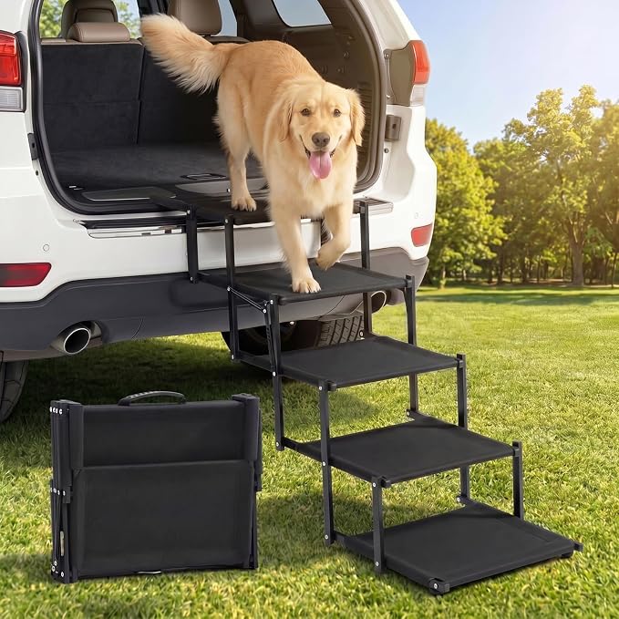 Extra Wide Dog Ramp for Car,Foldable Dog Steps for Truck SUV,150 Lbs | Non-Slip Oxford Surface,Sturdy Steel Frame,Anti-Scratch Handle,Adjustable Height,Light 10s Setup,Suitable for trunk